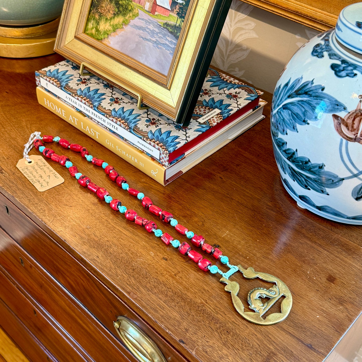 Antique English Horse Brass Fish Medallion Red Bamboo Coral and Turquoise Beaded Hand Knotted Necklace
