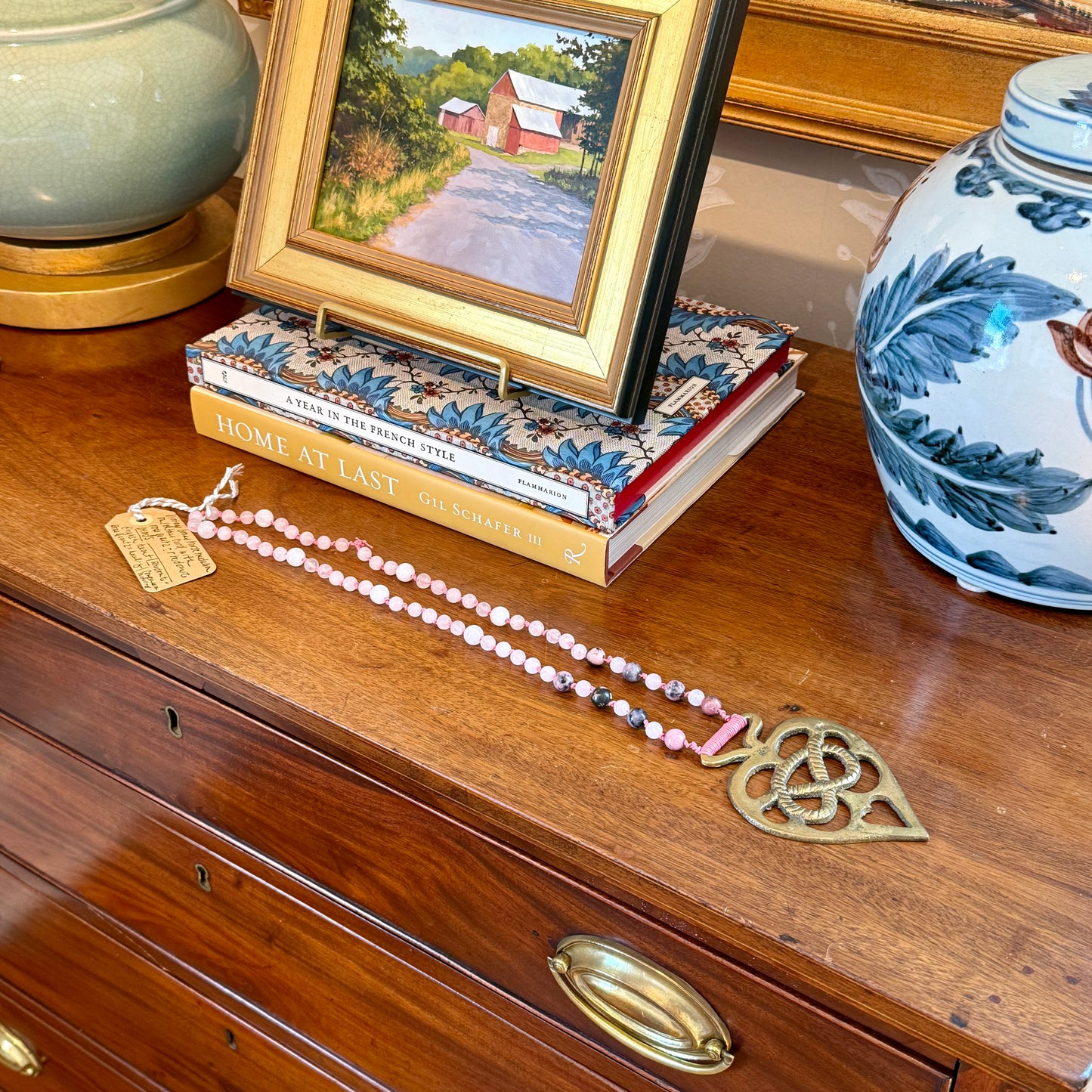 Antique English Horse Brass Heart Knot Medallion Rose Quartz and Rhodonite Beaded Hand Knotted Necklace