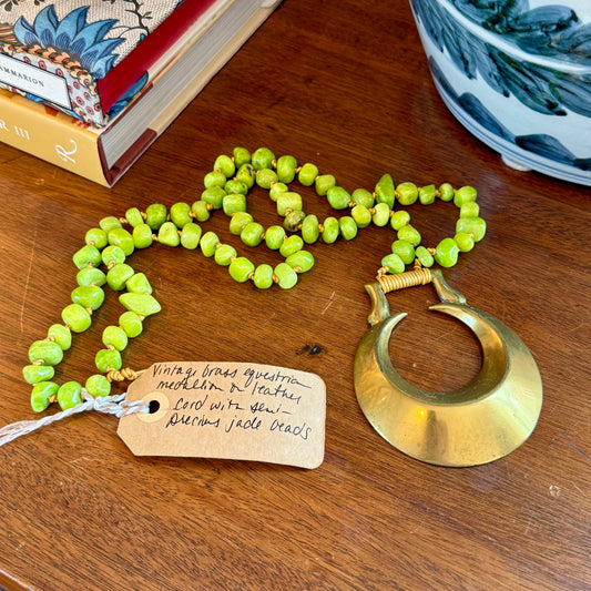 Antique English Horse Brass Crescent Moon Medallion Semi-Precious Jade Beaded Hand Knotted Necklace