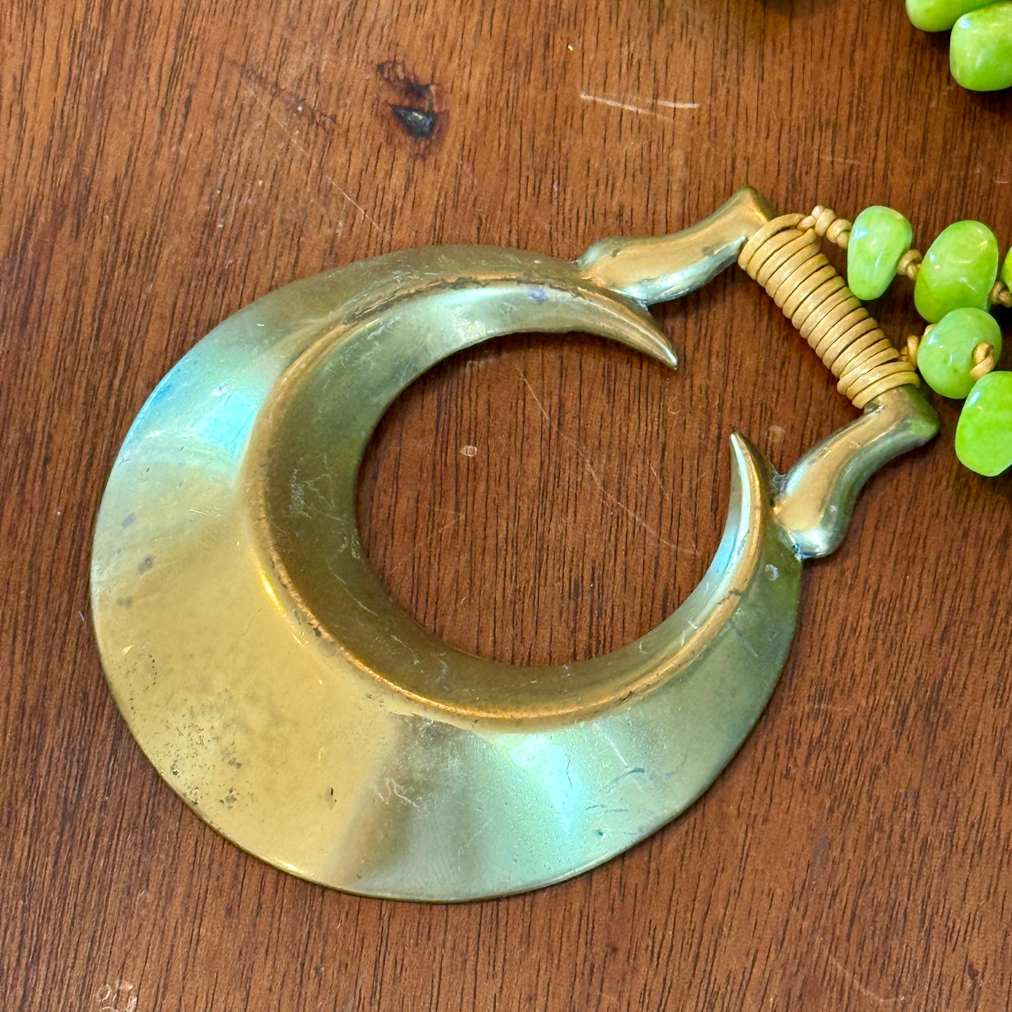 Antique English Horse Brass Crescent Moon Medallion Semi-Precious Jade Beaded Hand Knotted Necklace