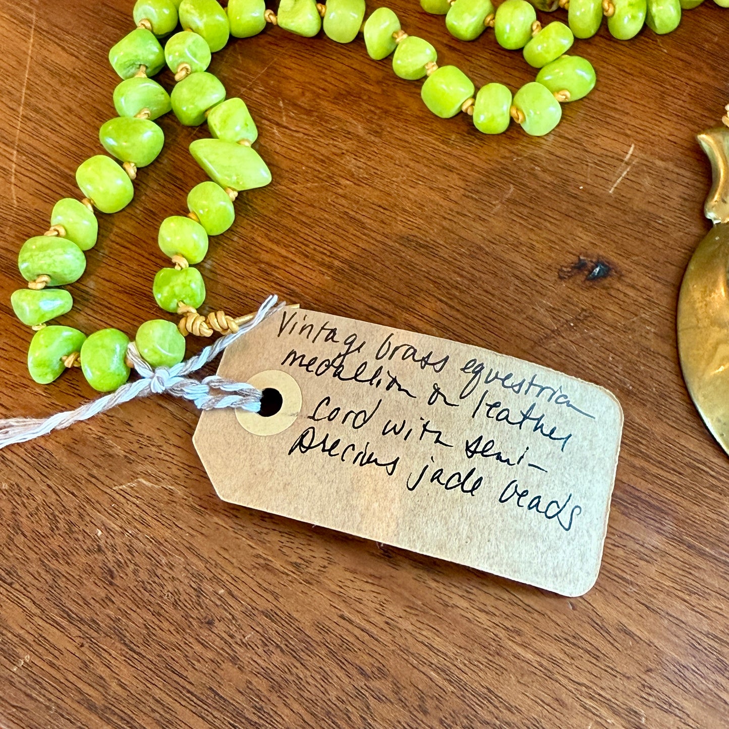 Antique English Horse Brass Crescent Moon Medallion Semi-Precious Jade Beaded Hand Knotted Necklace