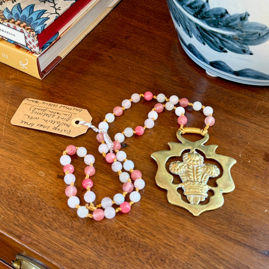 Antique English Horse Brass Thistle Medallion Pink Abalorios Beaded Hand Knotted Necklace