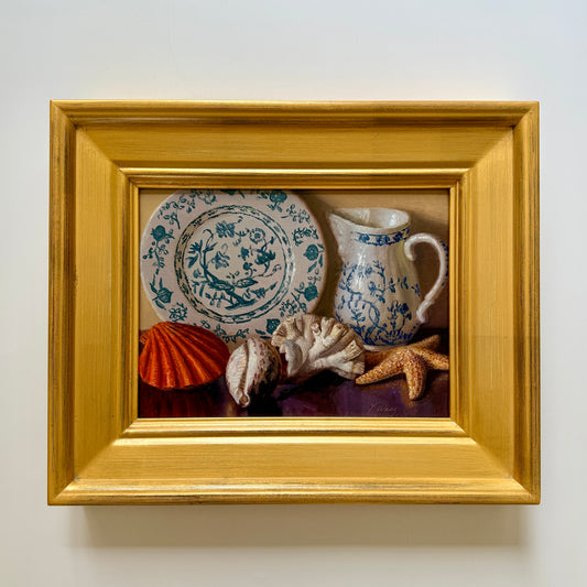Summer Shelf Blue and White Dishes with Shells, Starfish and Coral Still Life Oil Painting in Gold Frame