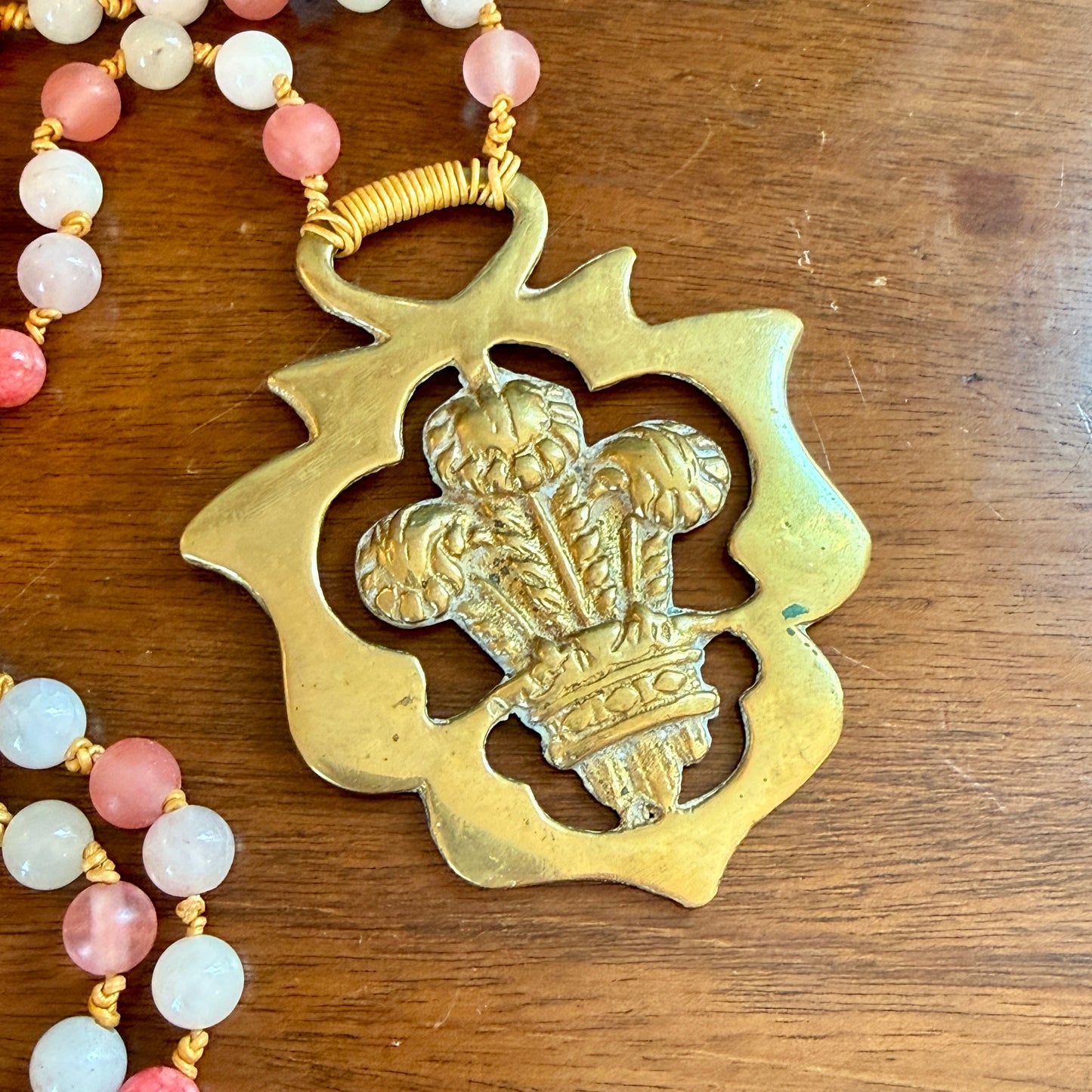 Antique English Horse Brass Thistle Medallion Pink Abalorios Beaded Hand Knotted Necklace