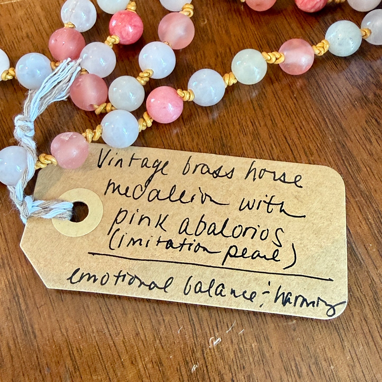 Antique English Horse Brass Thistle Medallion Pink Abalorios Beaded Hand Knotted Necklace
