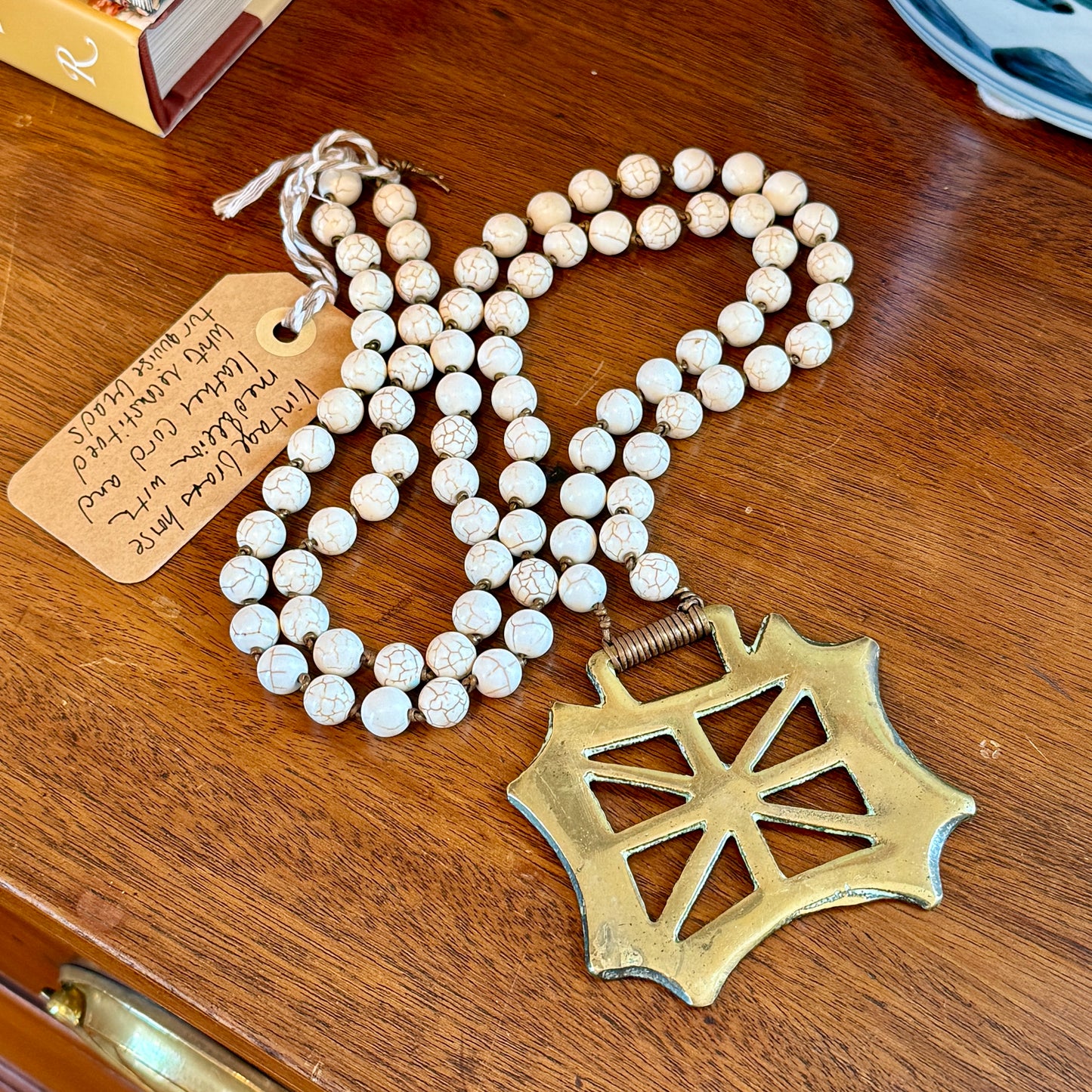 Antique English Horse Brass Union Jack Medallion White Turquoise Beaded Hand Knotted Necklace