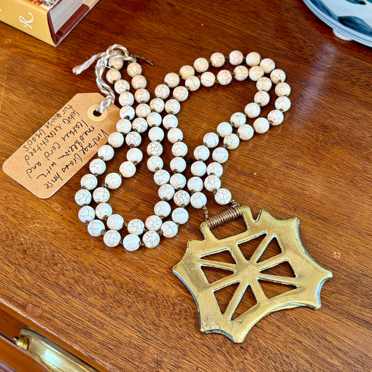 Antique English Horse Brass Union Jack Medallion White Turquoise Beaded Hand Knotted Necklace