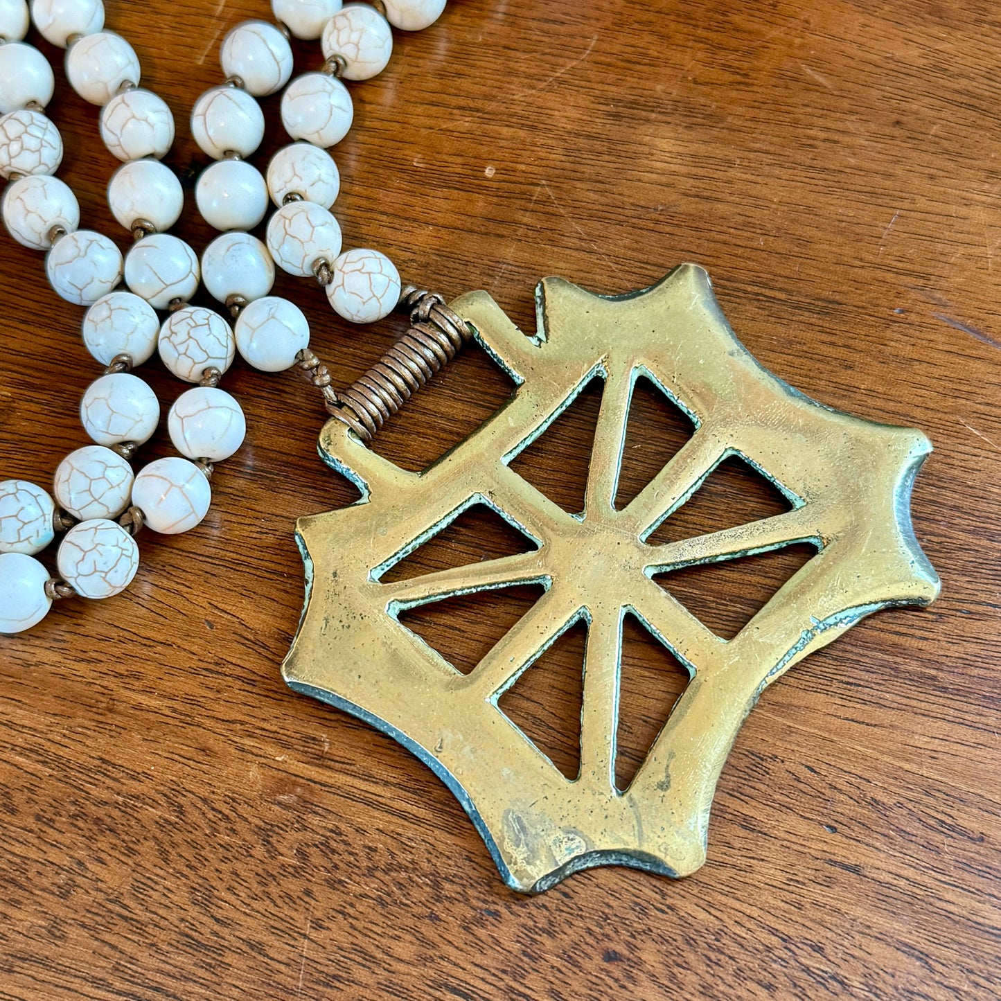 Antique English Horse Brass Union Jack Medallion White Turquoise Beaded Hand Knotted Necklace