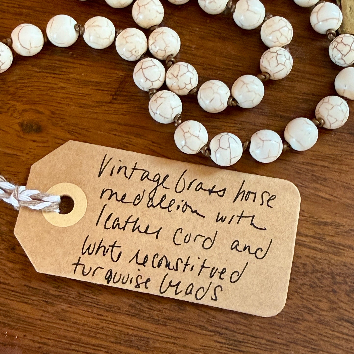 Antique English Horse Brass Union Jack Medallion White Turquoise Beaded Hand Knotted Necklace