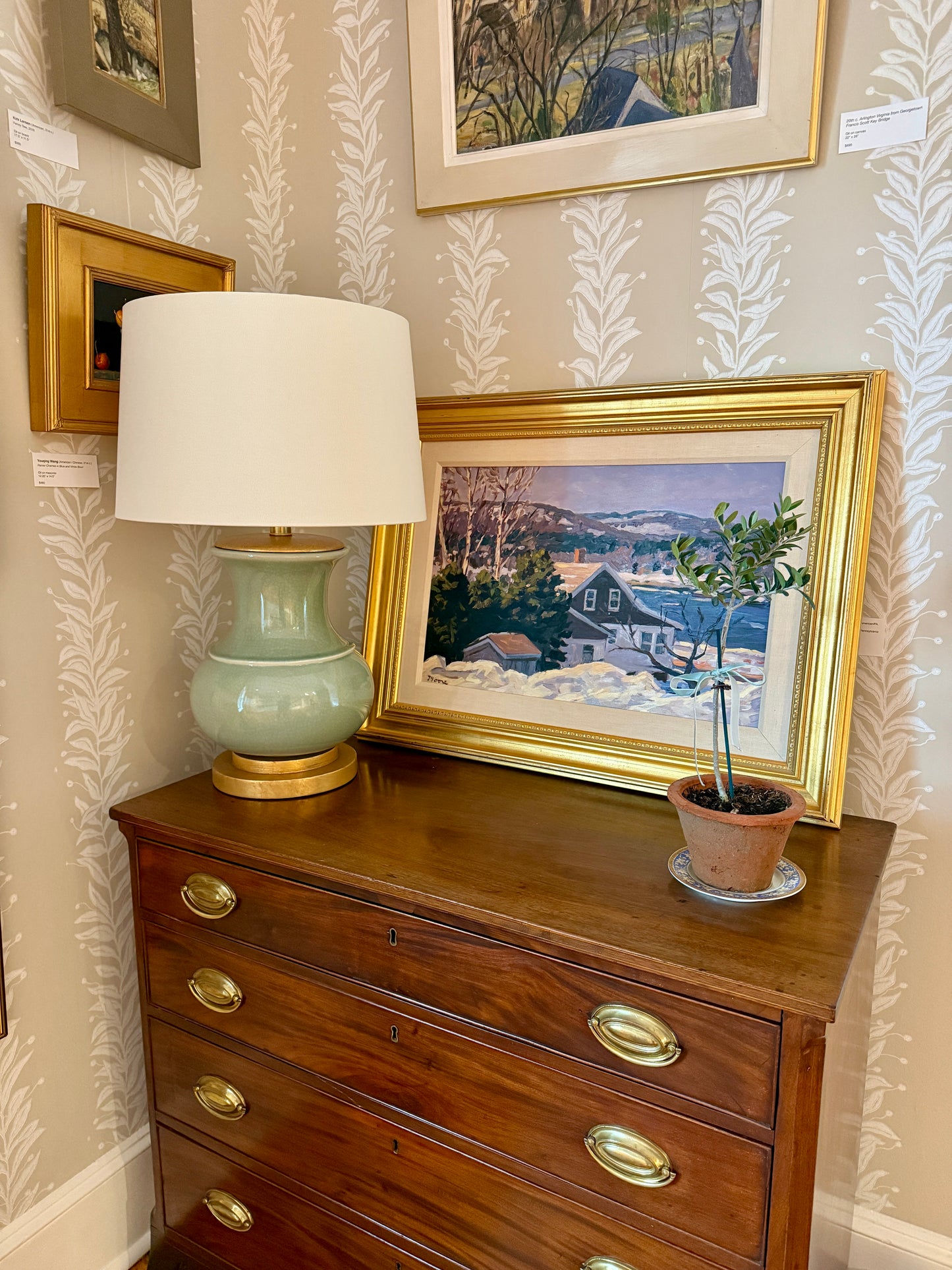 Scott Moore View from the Inn Waterside Birch Tree Landscape Oil Painting in Gold Frame