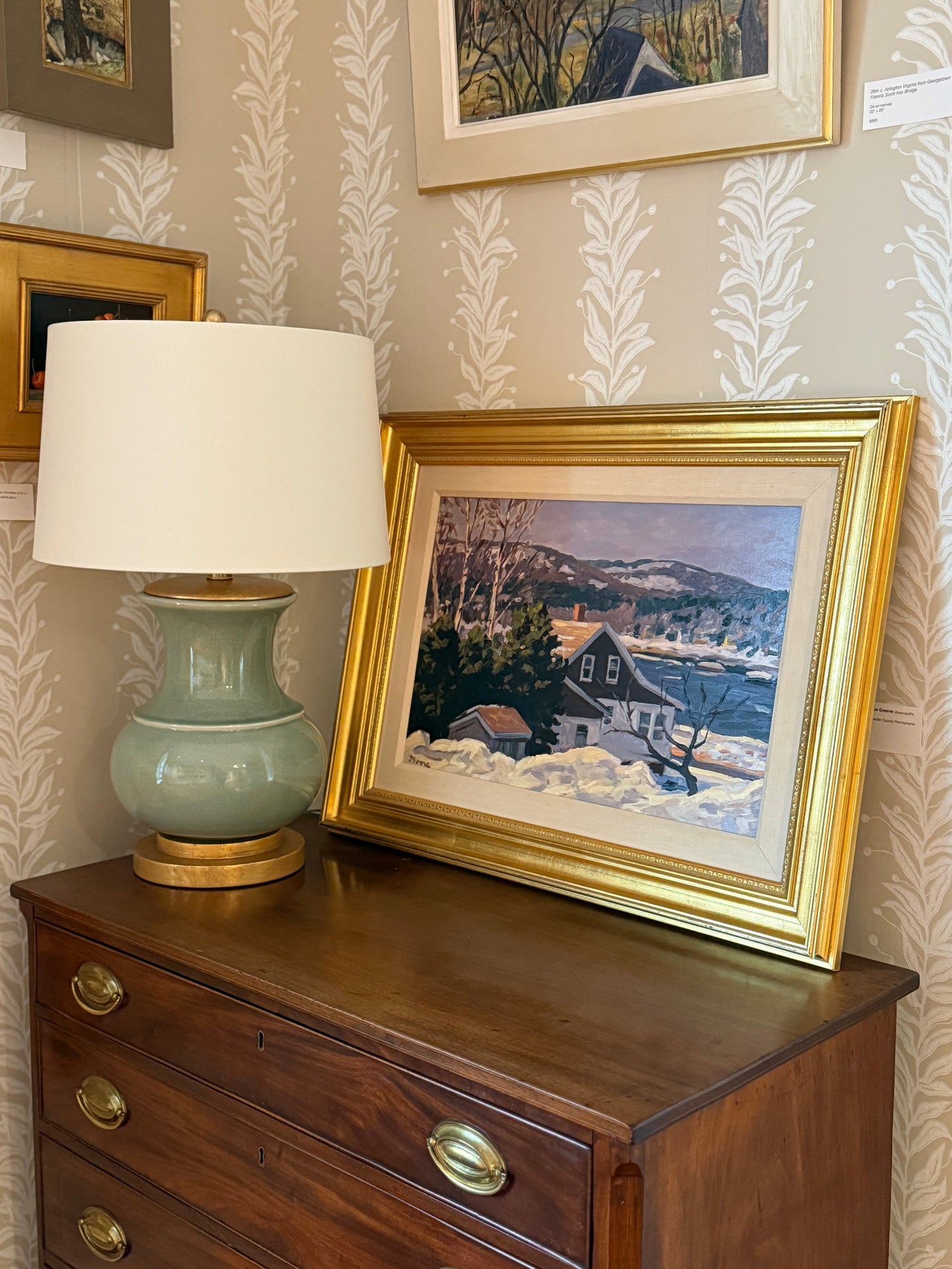 Scott Moore View from the Inn Waterside Birch Tree Landscape Oil Painting in Gold Frame