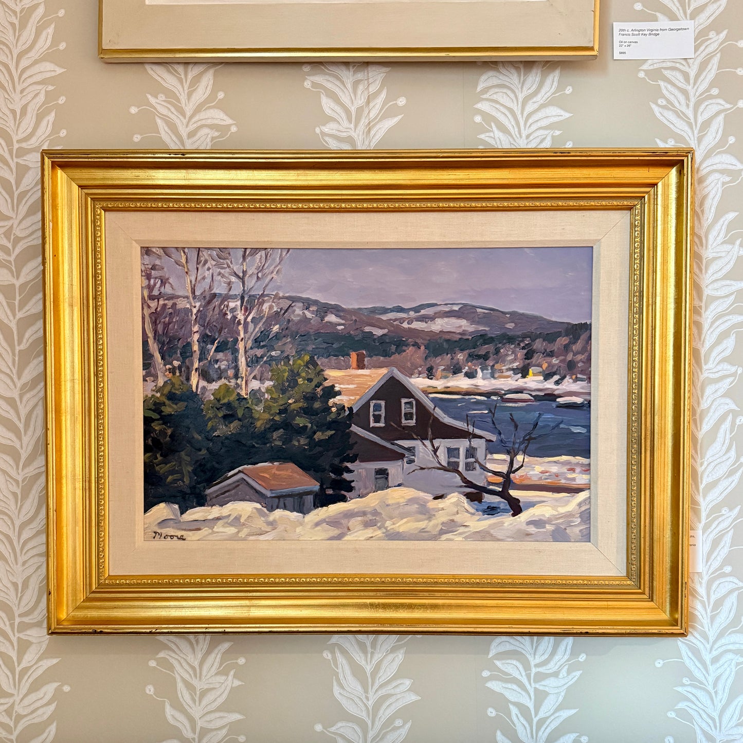 Scott Moore View from the Inn Waterside Birch Tree Landscape Oil Painting in Gold Frame
