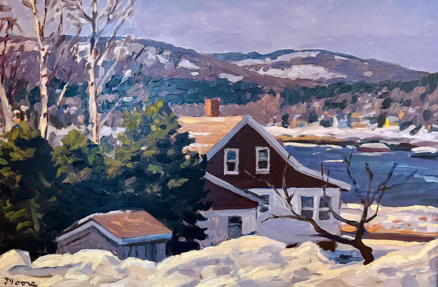 Scott Moore View from the Inn Waterside Birch Tree Landscape Oil Painting in Gold Frame