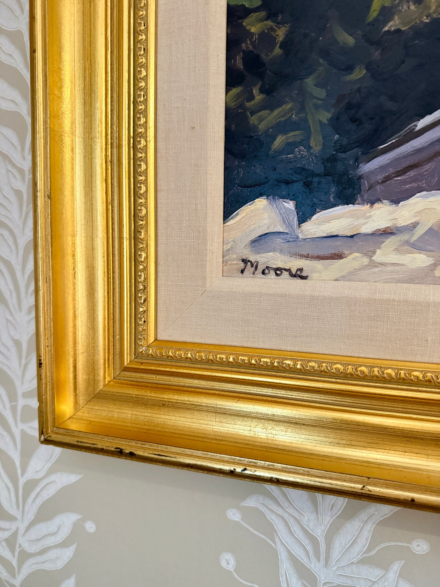 Scott Moore View from the Inn Waterside Birch Tree Landscape Oil Painting in Gold Frame