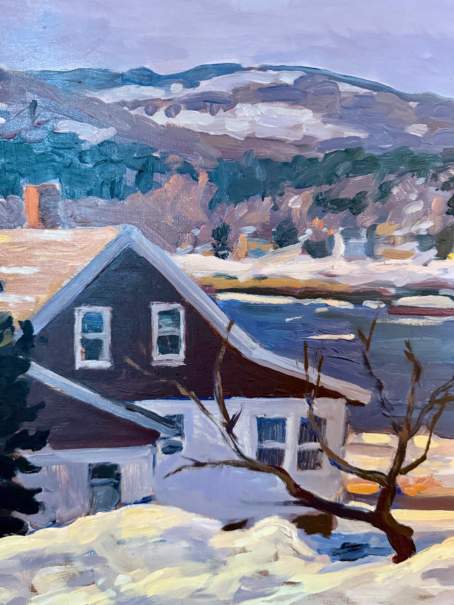 Scott Moore View from the Inn Waterside Birch Tree Landscape Oil Painting in Gold Frame