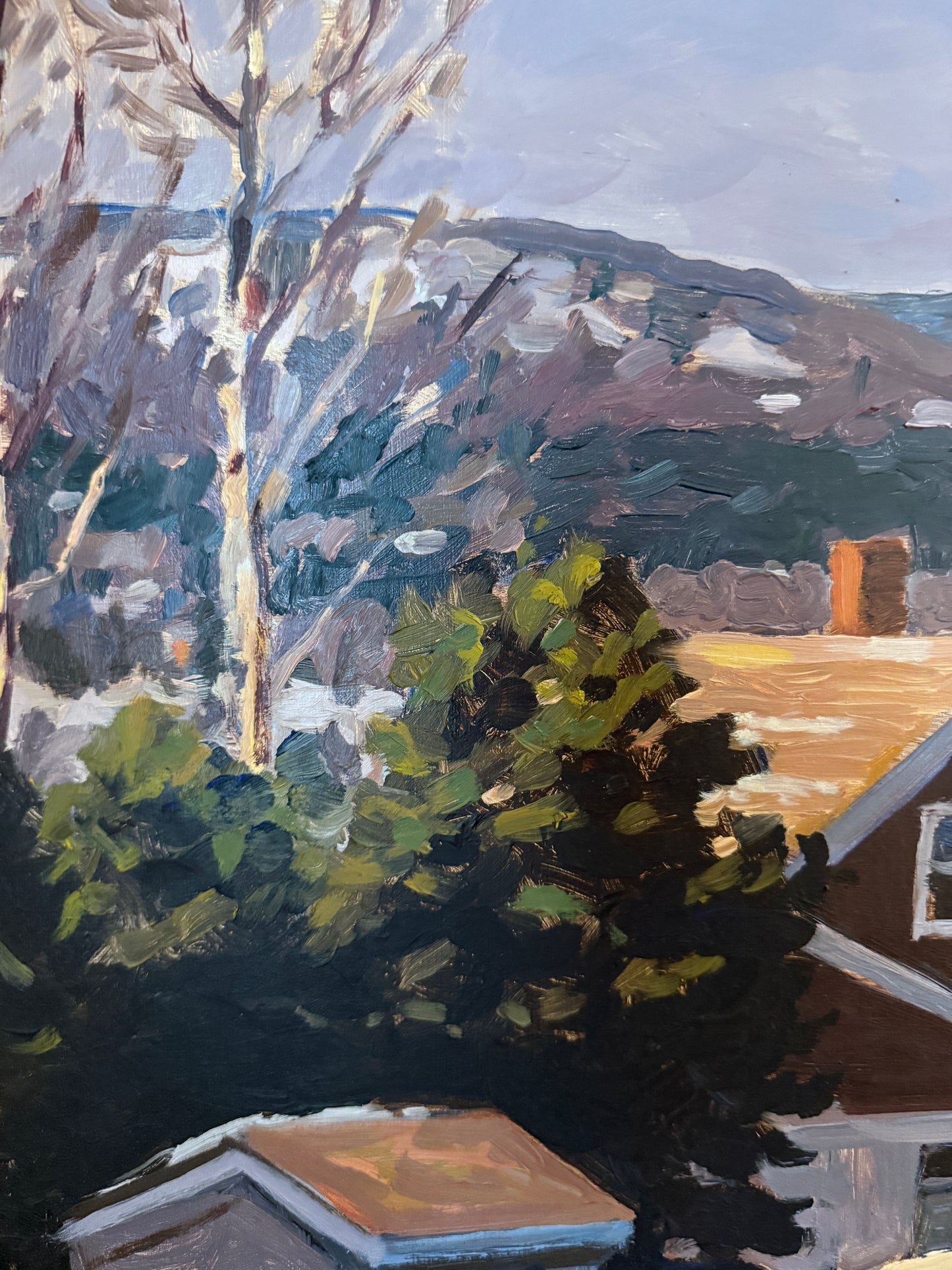 Scott Moore View from the Inn Waterside Birch Tree Landscape Oil Painting in Gold Frame