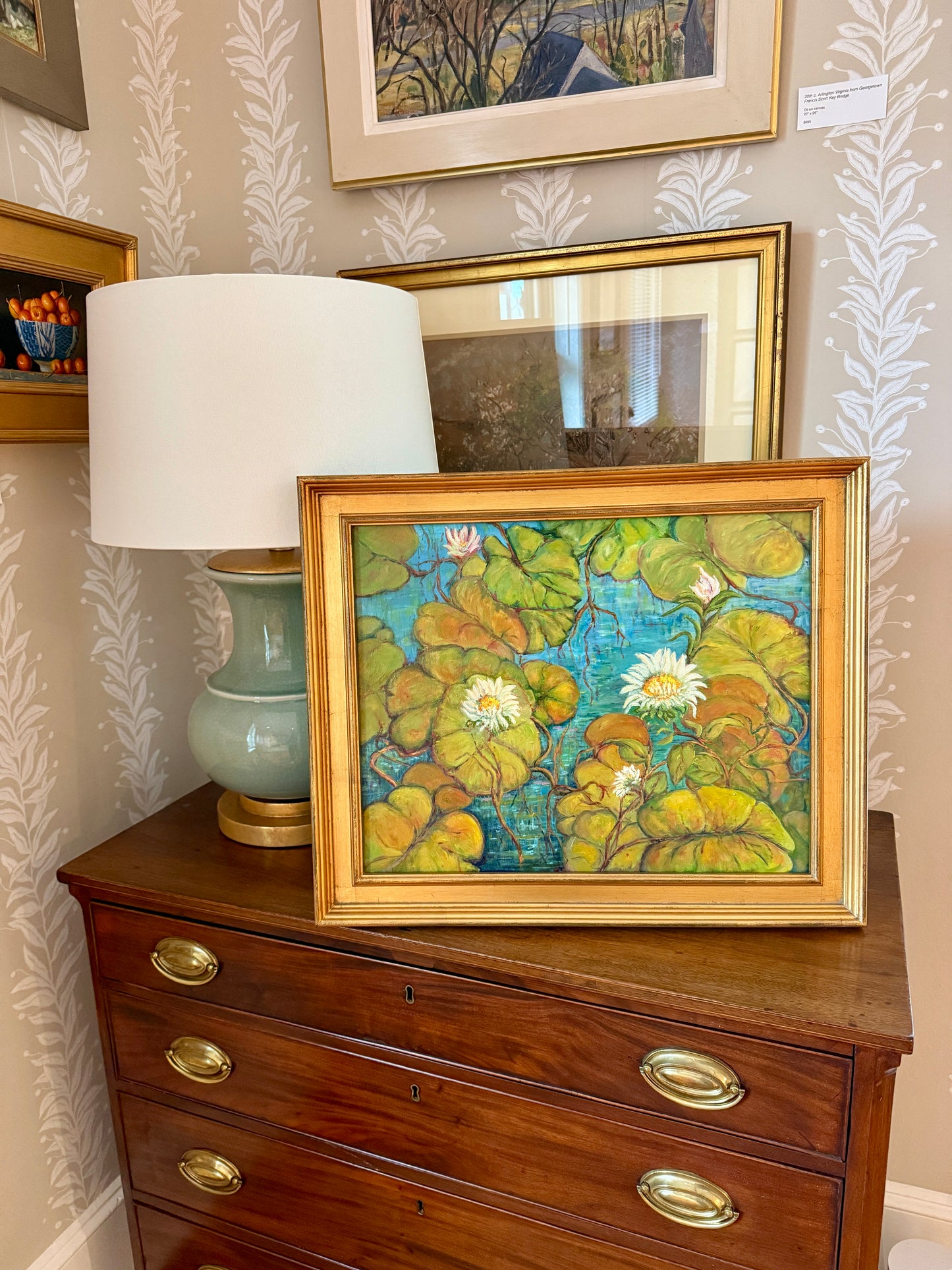 Vintage Water Lilies IV Oil Painting in Gold Frame