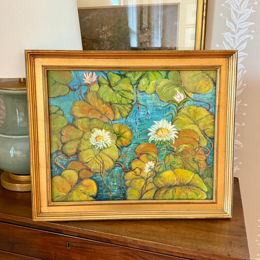 Vintage Water Lilies IV Oil Painting in Gold Frame