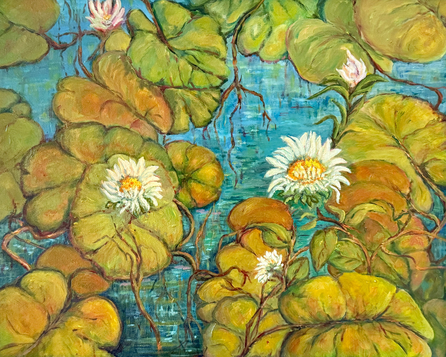 Vintage Water Lilies IV Oil Painting in Gold Frame
