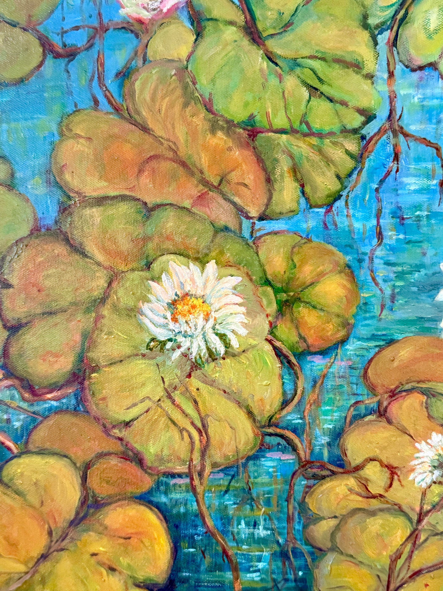 Vintage Water Lilies IV Oil Painting in Gold Frame