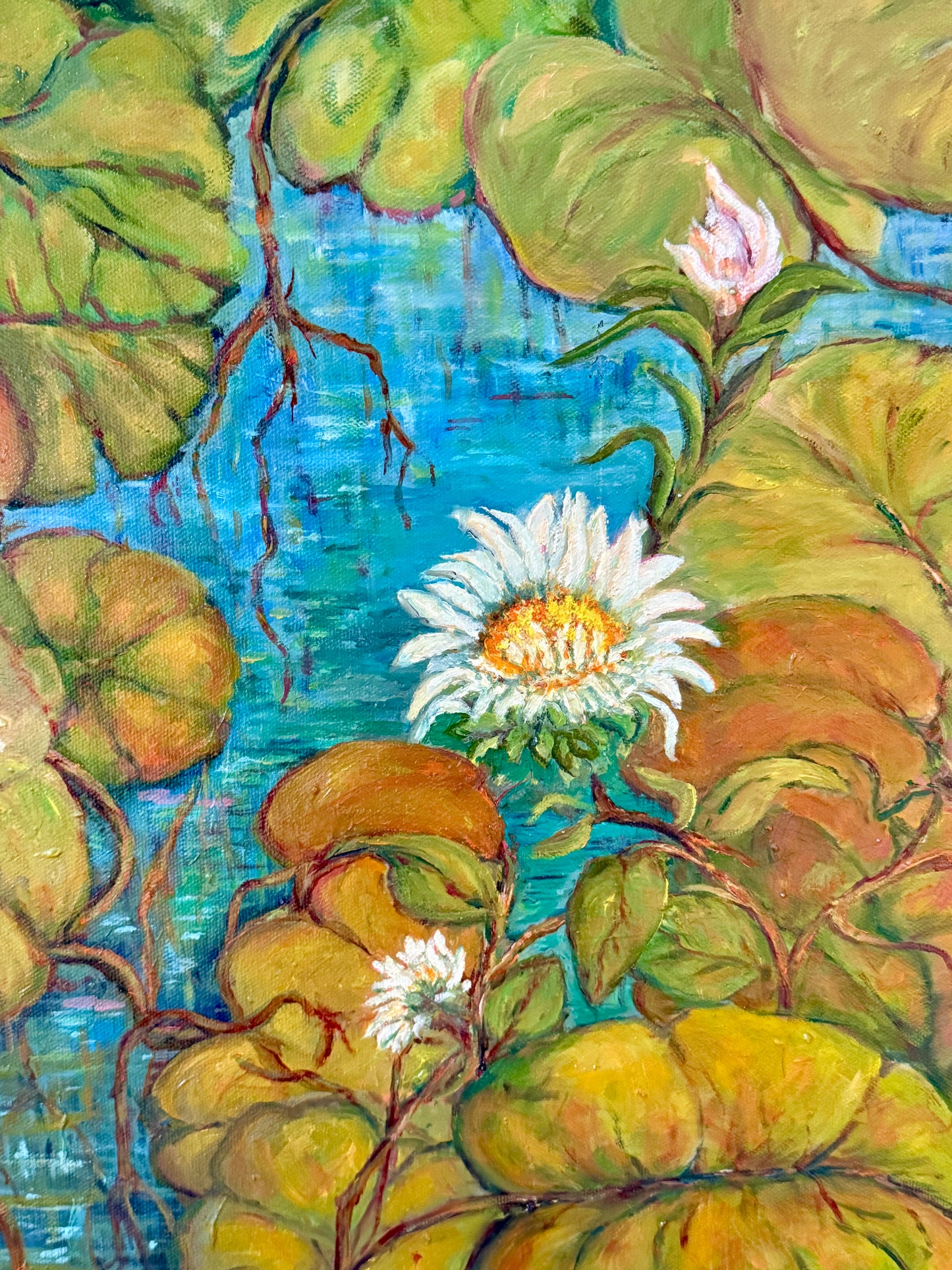 Vintage Water Lilies IV Oil Painting in Gold Frame