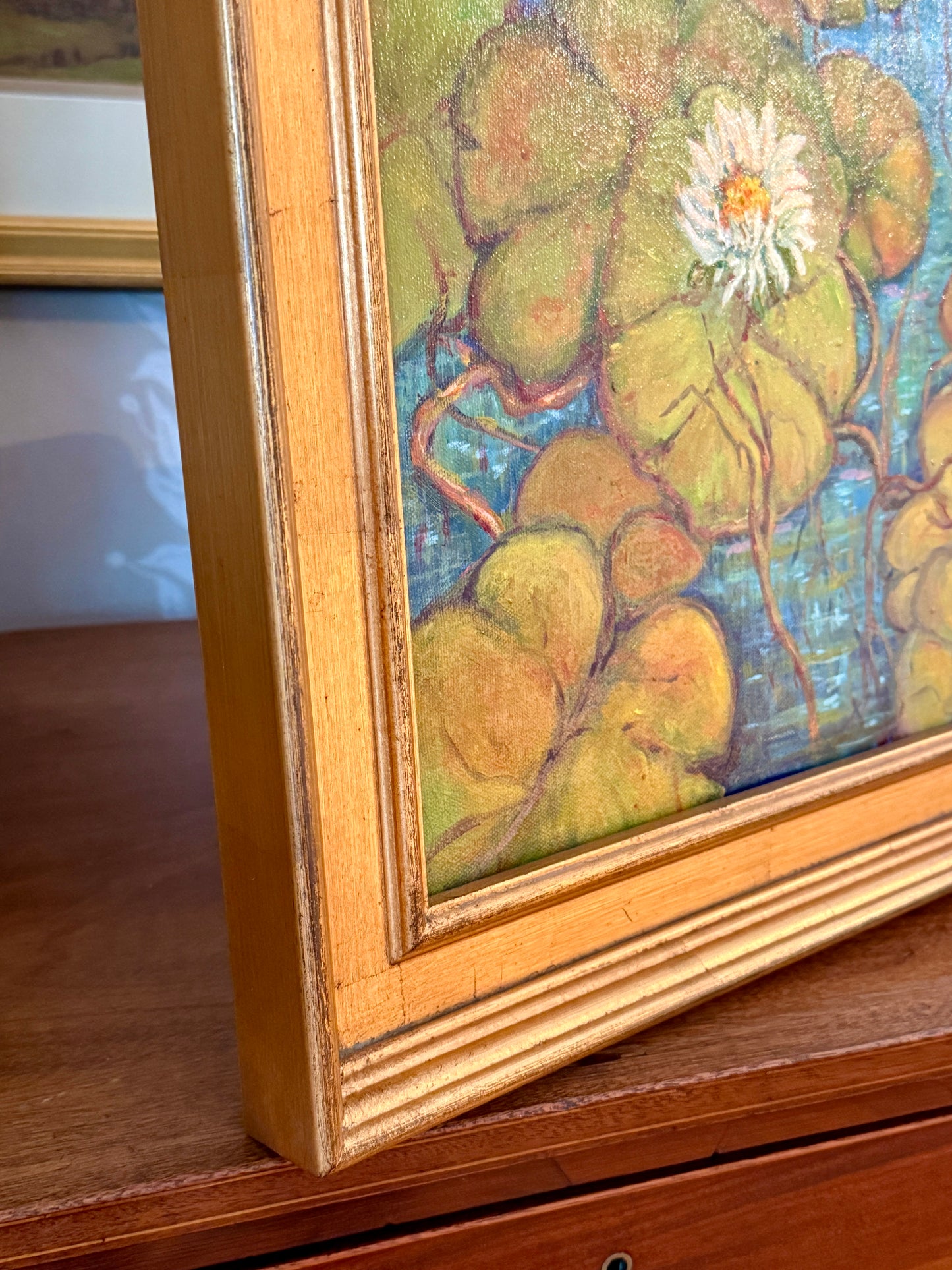 Vintage Water Lilies IV Oil Painting in Gold Frame