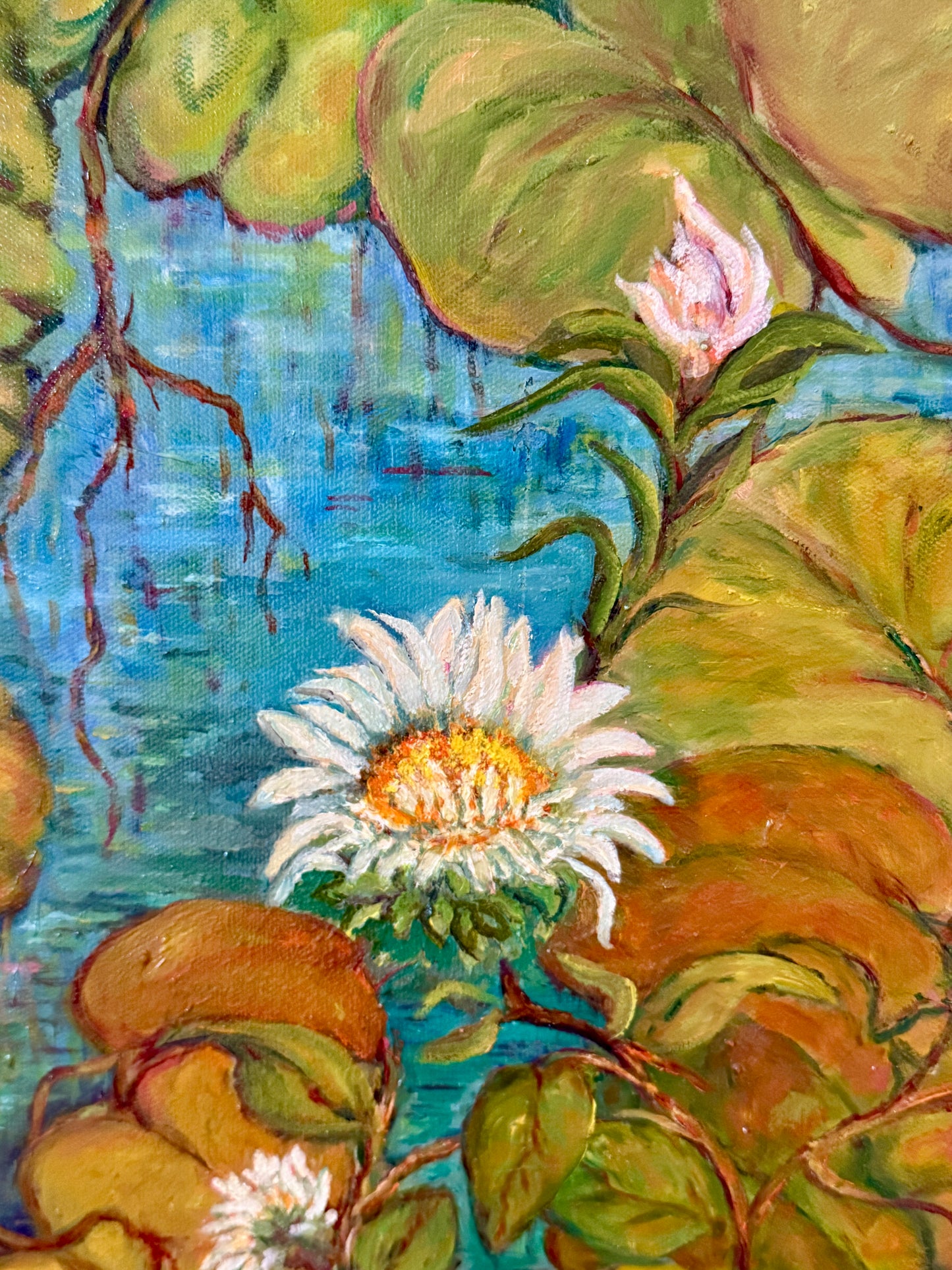 Vintage Water Lilies IV Oil Painting in Gold Frame