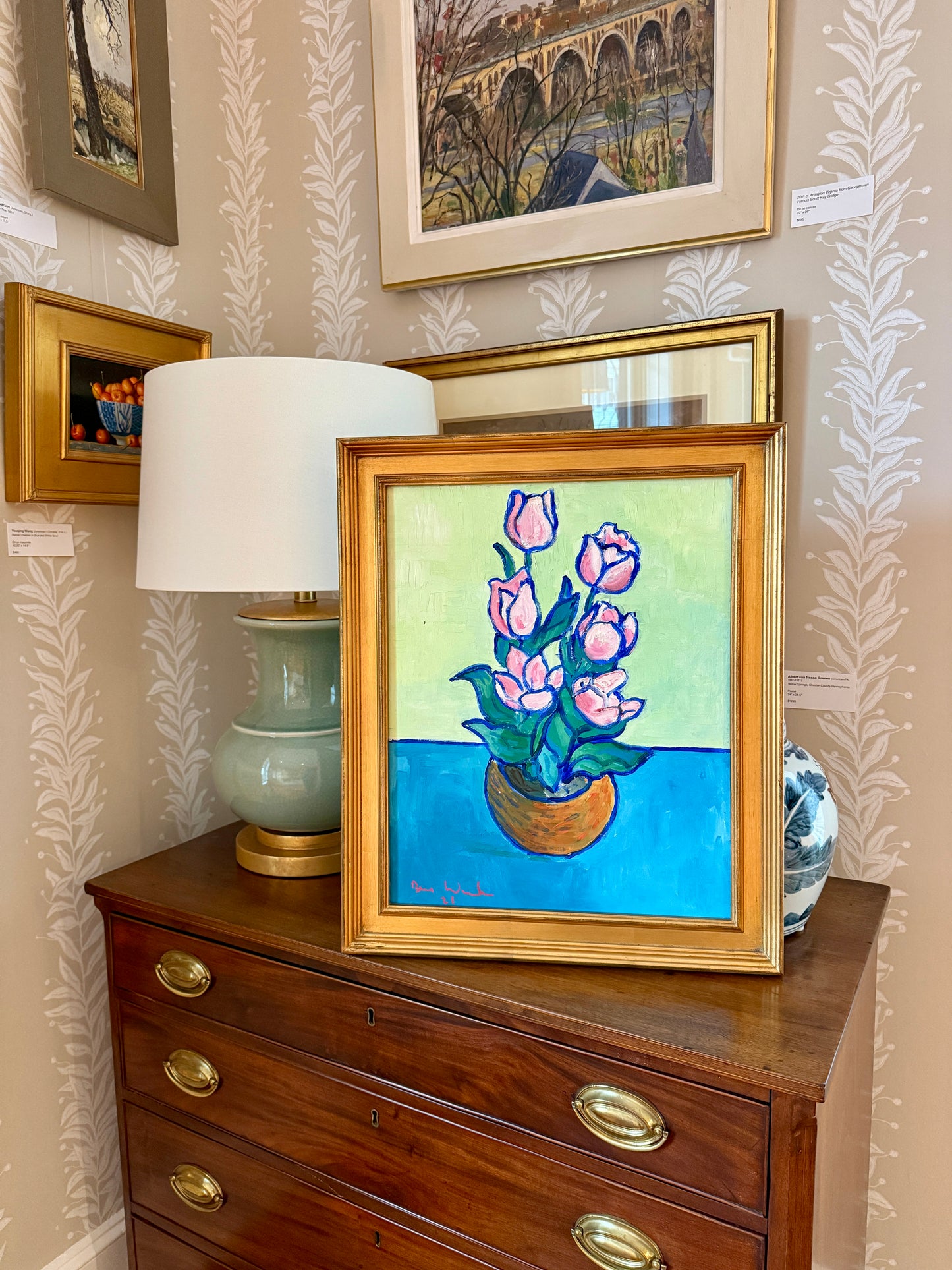 Brian William Pink Potted Tulips Expressionist Still Life Oil Painting in Gold Frame