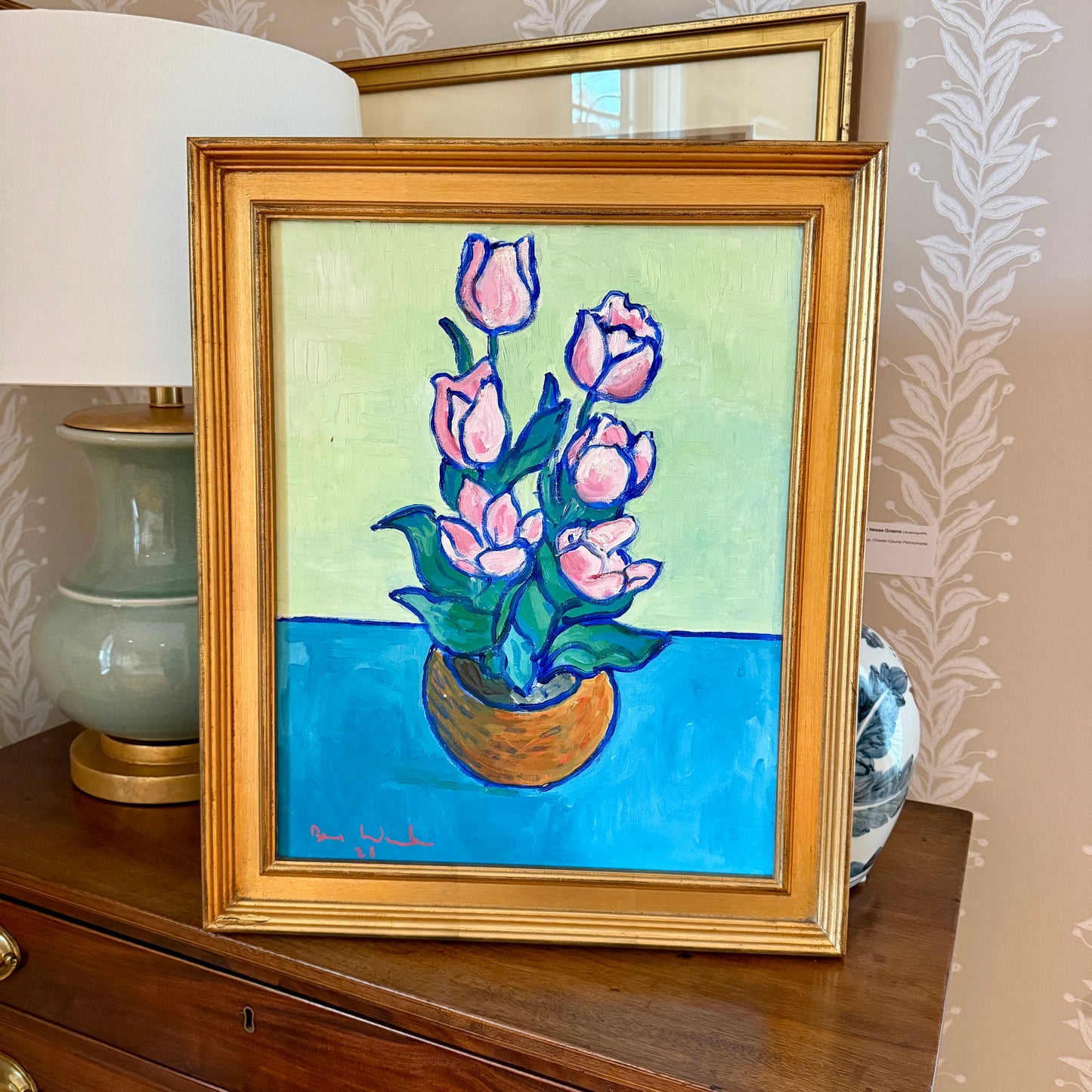 Brian William Pink Potted Tulips Expressionist Still Life Oil Painting in Gold Frame