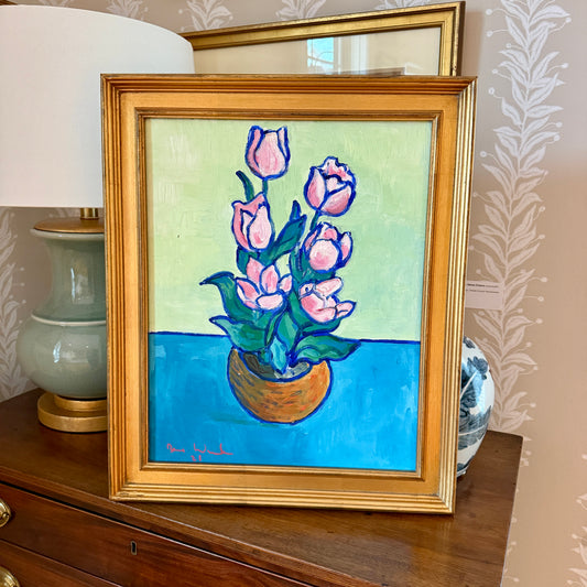 Brian William Pink Potted Tulips Expressionist Still Life Oil Painting in Gold Frame