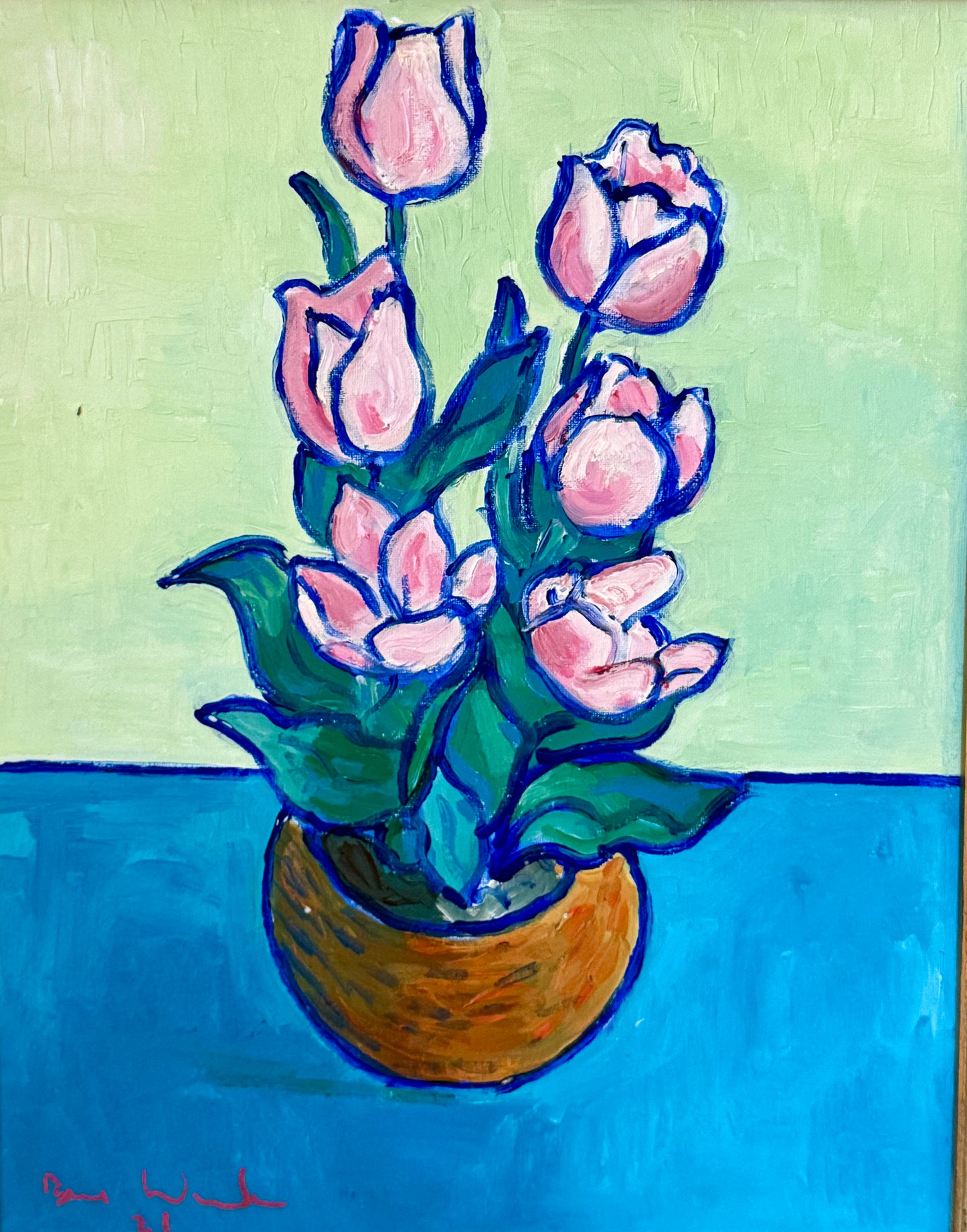 Brian William Pink Potted Tulips Expressionist Still Life Oil Painting in Gold Frame