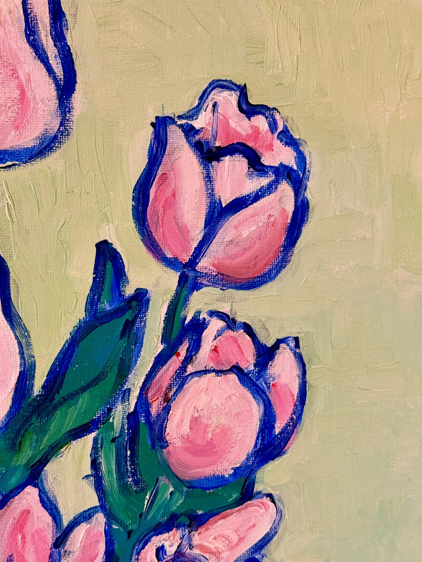 Brian William Pink Potted Tulips Expressionist Still Life Oil Painting in Gold Frame