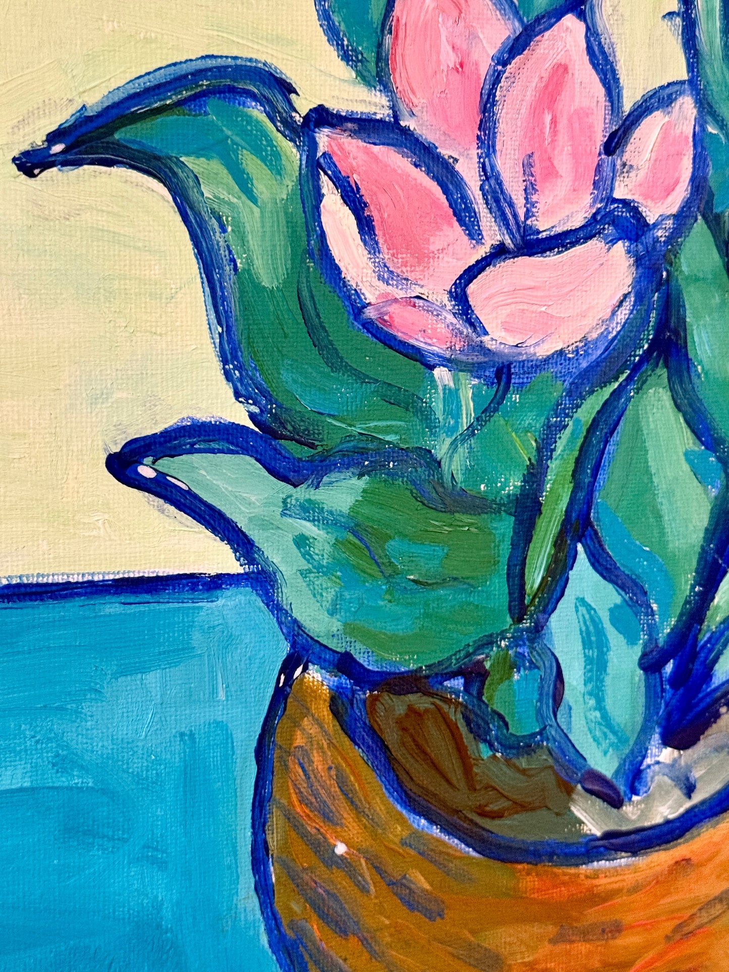 Brian William Pink Potted Tulips Expressionist Still Life Oil Painting in Gold Frame