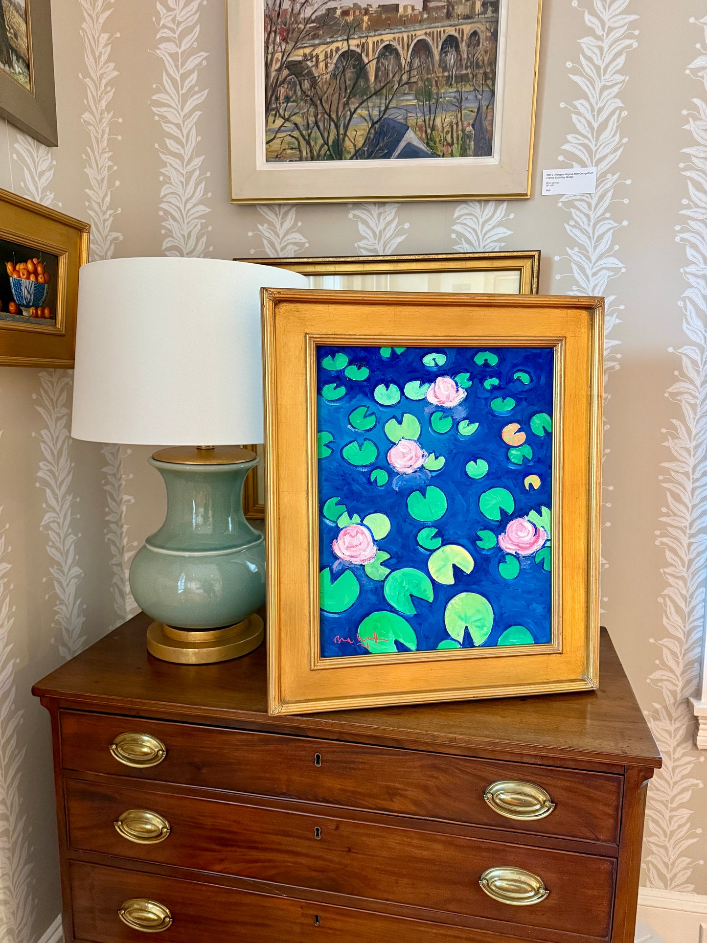 Brian William Water Lilies Expressionist Oil Painting in Gold Frame