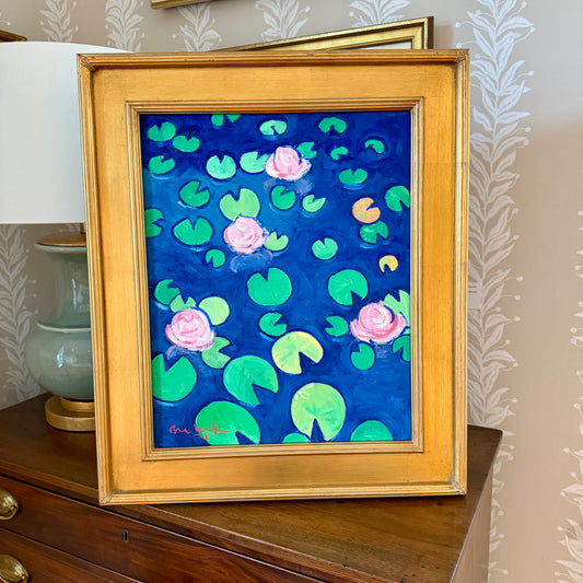 Brian William Water Lilies Expressionist Oil Painting in Gold Frame