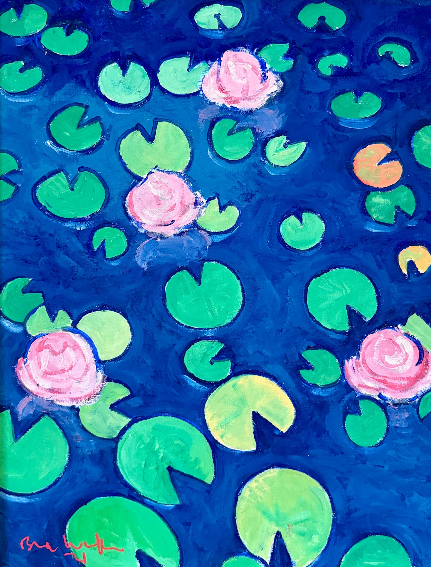 Brian William Water Lilies Expressionist Oil Painting in Gold Frame