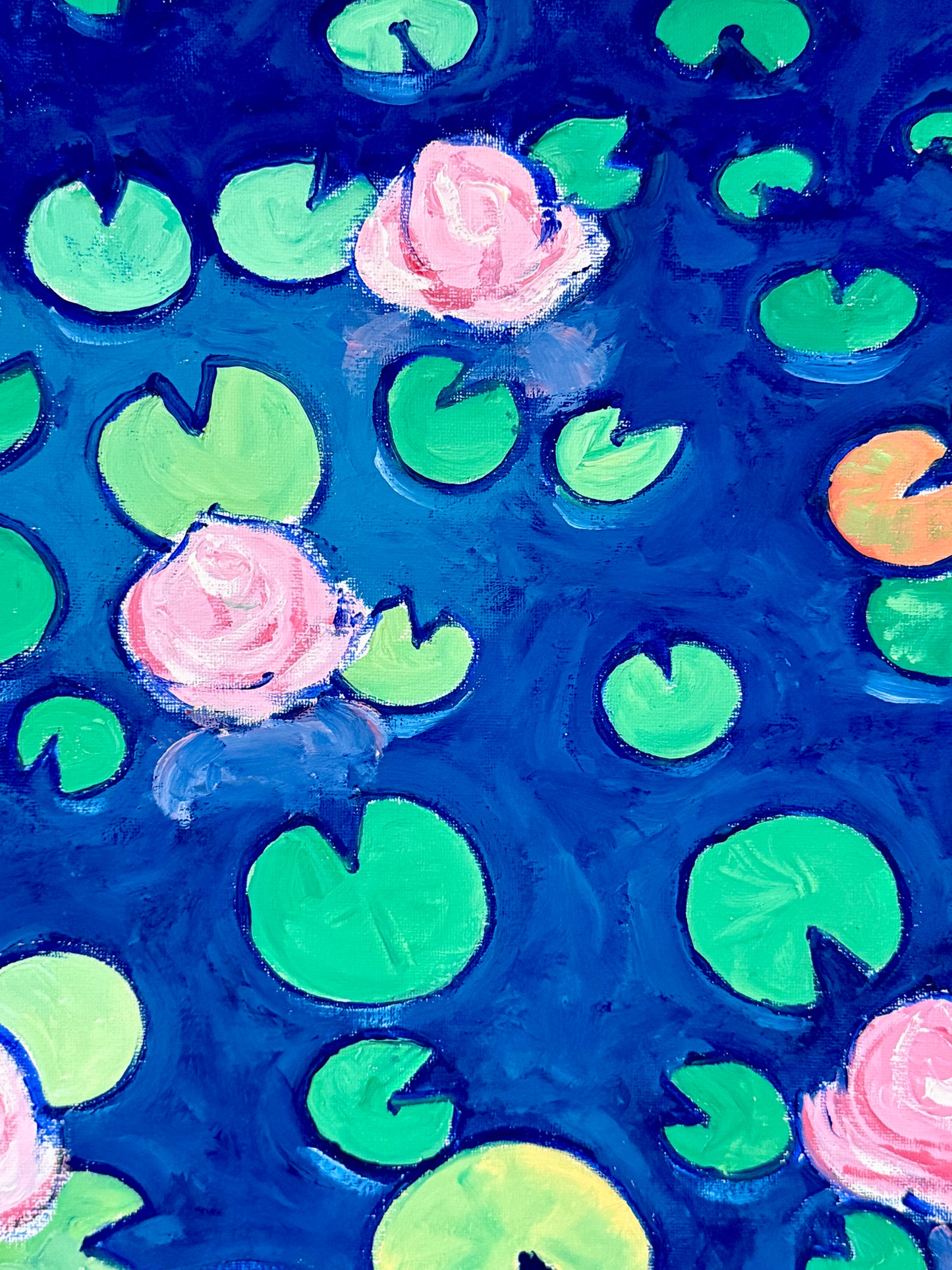 Brian William Water Lilies Expressionist Oil Painting in Gold Frame