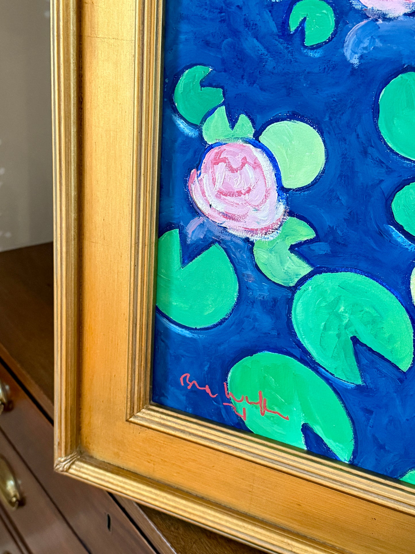 Brian William Water Lilies Expressionist Oil Painting in Gold Frame
