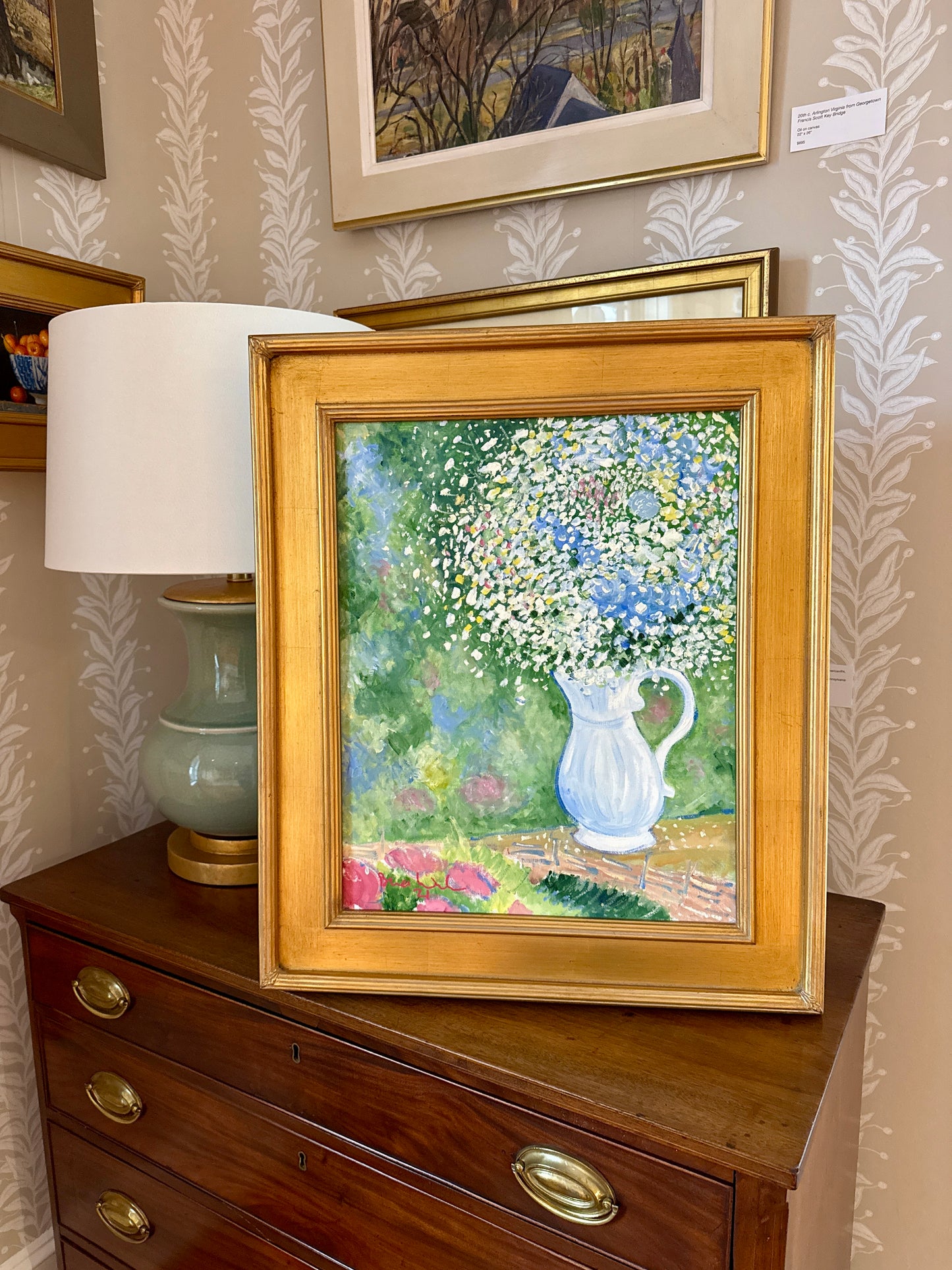 Brian William White Pitcher Backyard Bouquet Still Life Oil Painting in Gold Frame