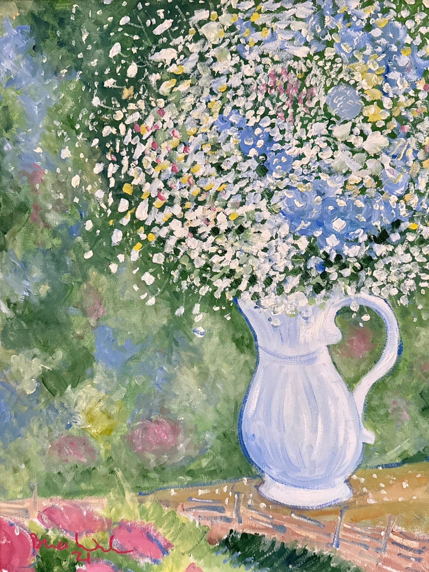 Brian William White Pitcher Backyard Bouquet Still Life Oil Painting in Gold Frame