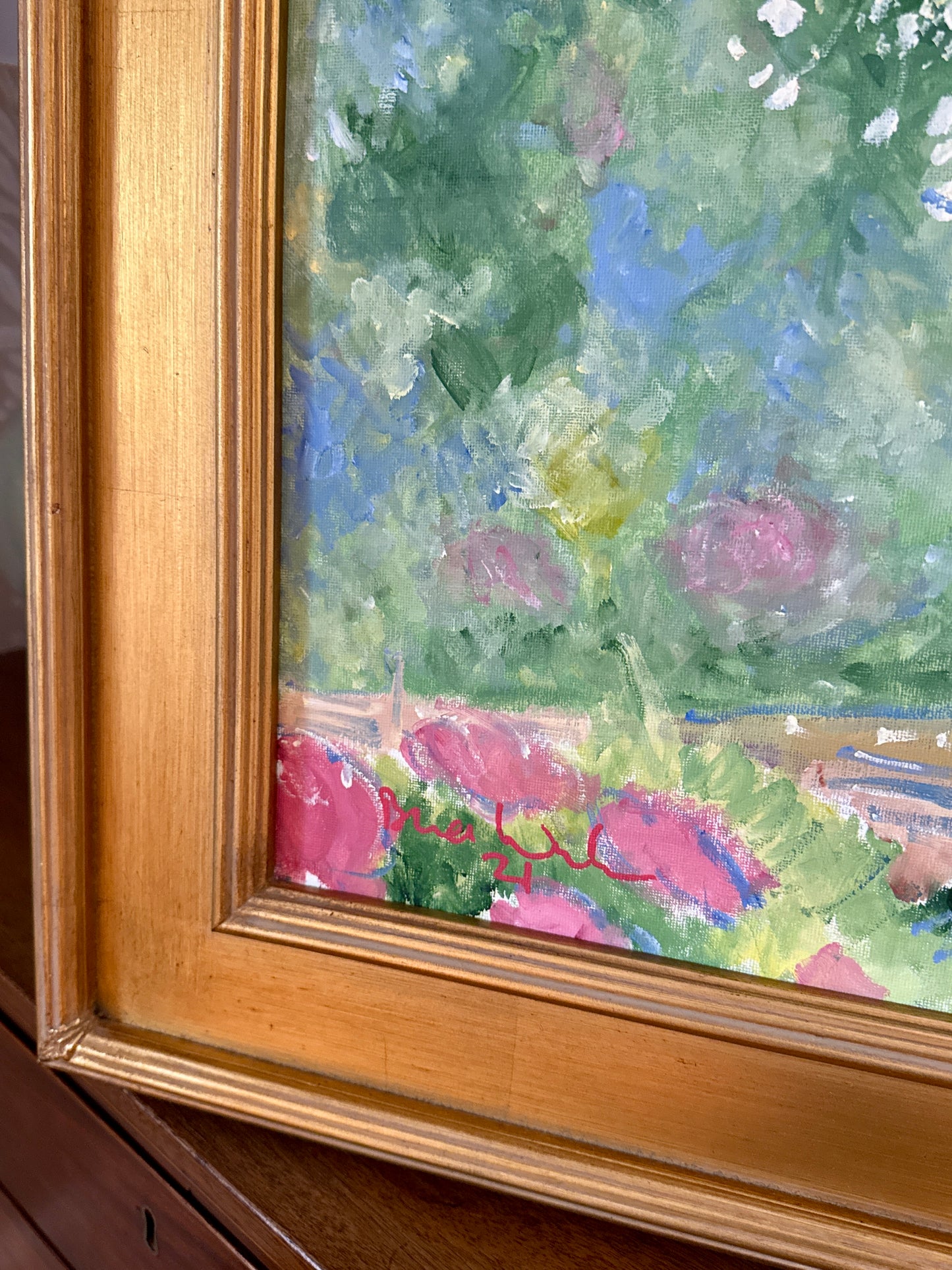 Brian William White Pitcher Backyard Bouquet Still Life Oil Painting in Gold Frame