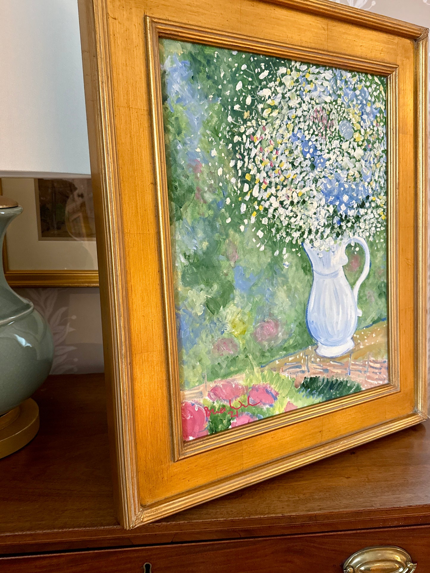 Brian William White Pitcher Backyard Bouquet Still Life Oil Painting in Gold Frame