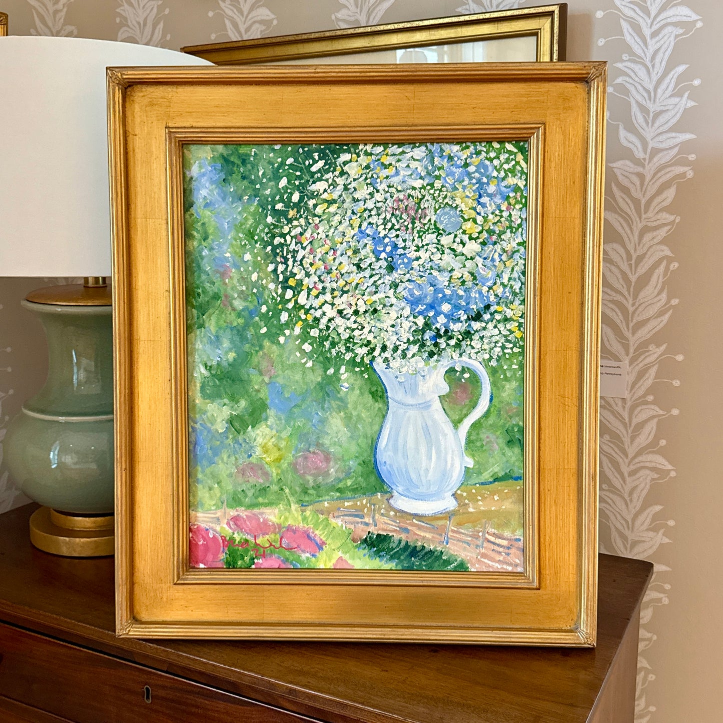 Brian William White Pitcher Backyard Bouquet Still Life Oil Painting in Gold Frame