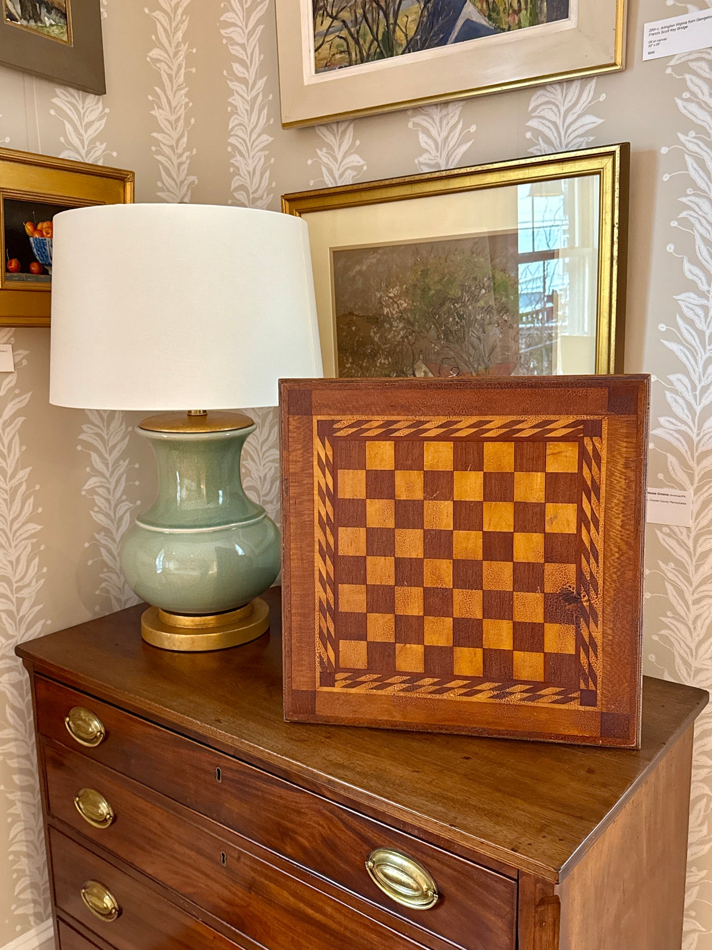 Antique c. 1900 Inlaid Wood Checkerboard Game Board