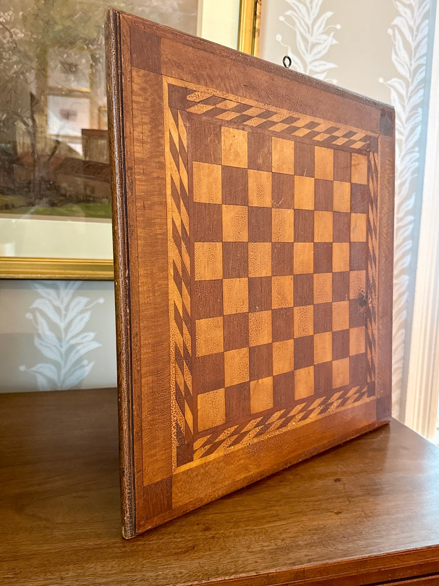 Antique c. 1900 Inlaid Wood Checkerboard Game Board