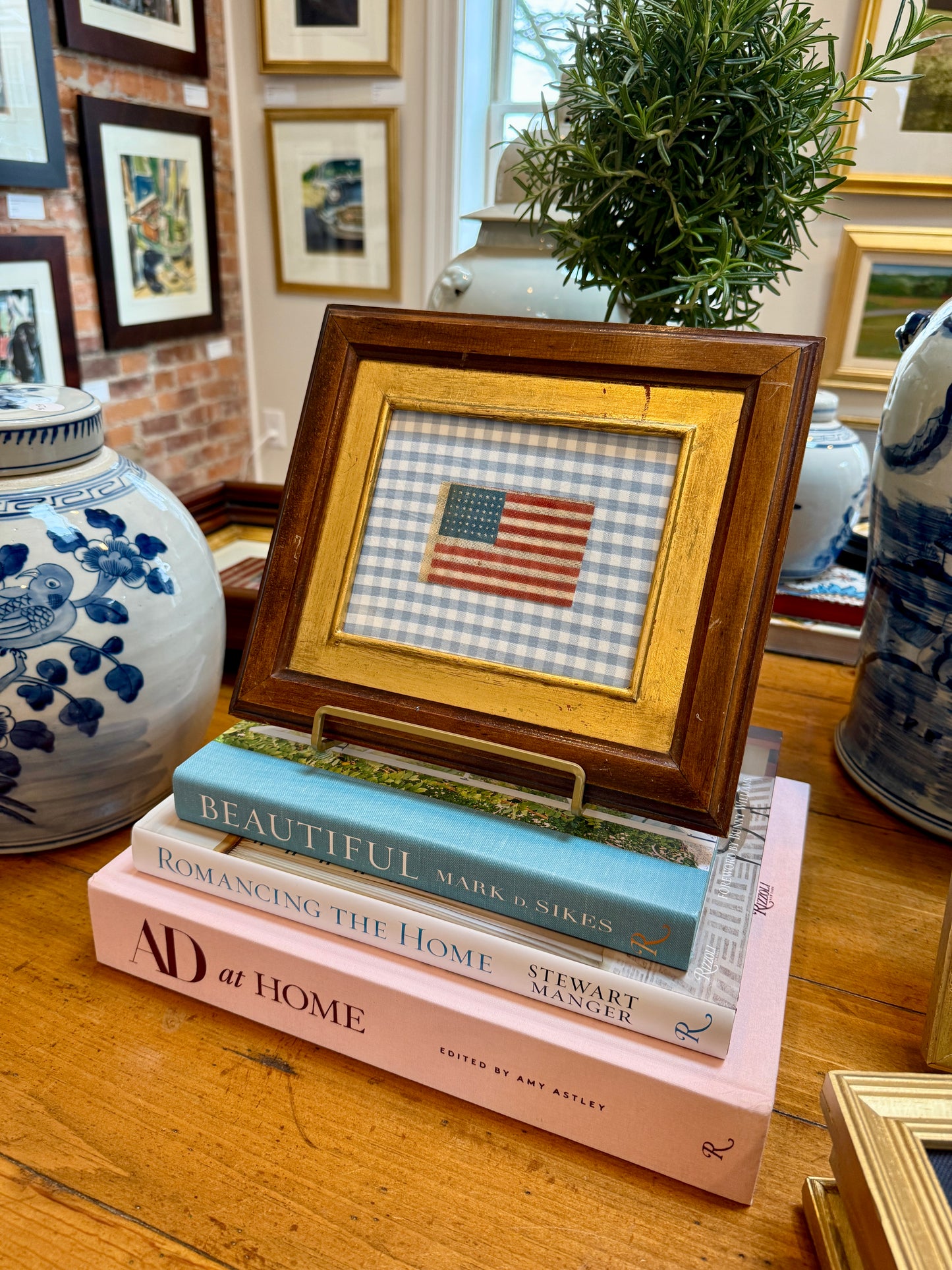 Antique 48 Star Parade Flag on Light Blue Gingham in Old Wood and Gilded Frame