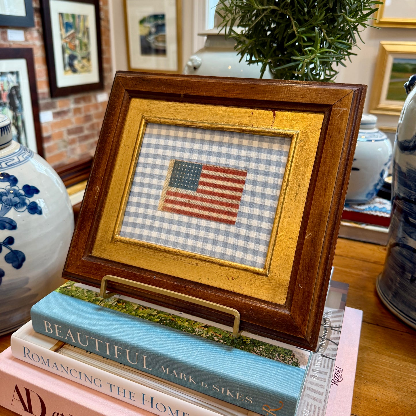 Antique 48 Star Parade Flag on Light Blue Gingham in Old Wood and Gilded Frame