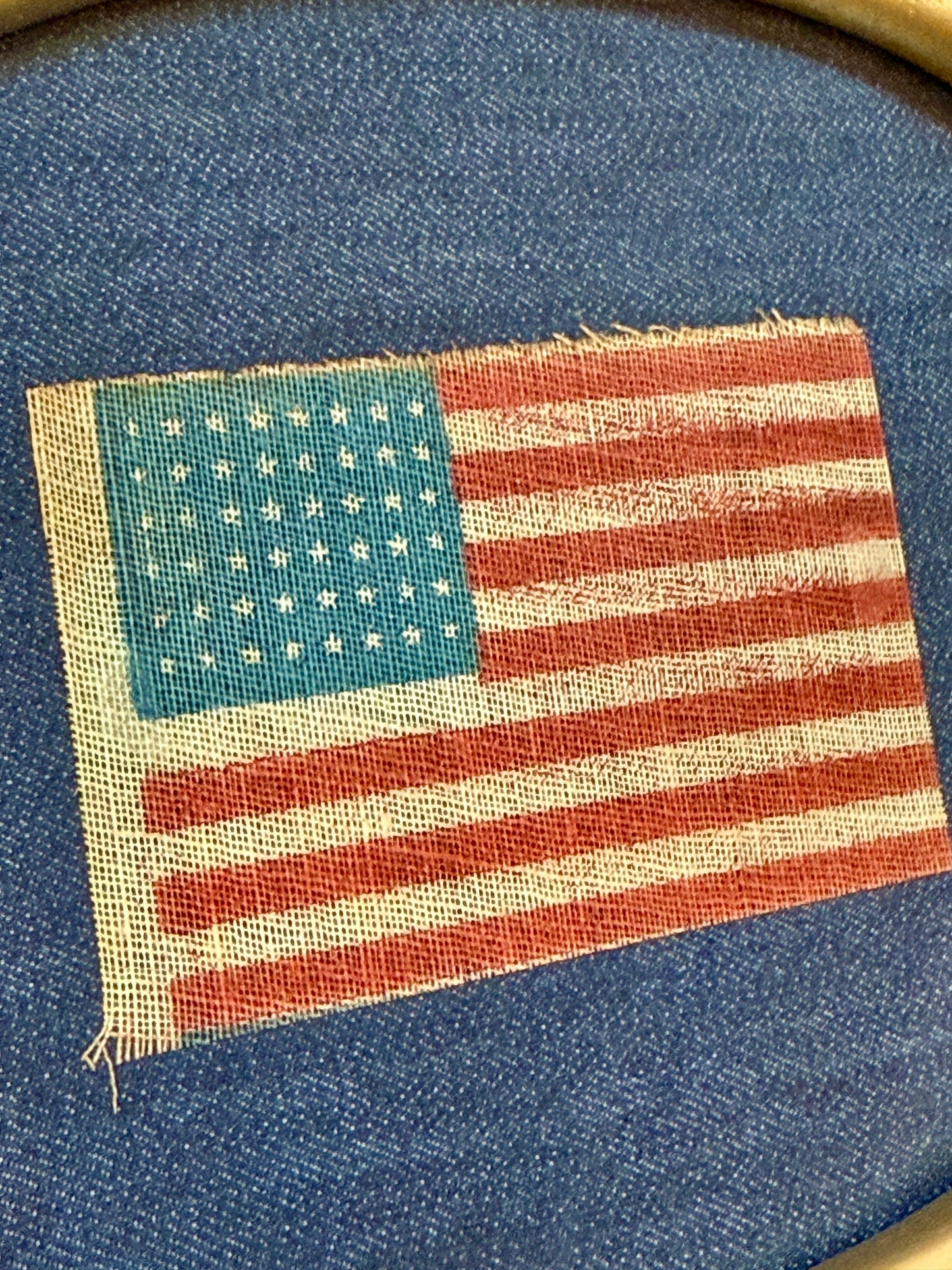 Antique 48 Star Parade Flag on Navy Canvas in Gilded Oval Frame
