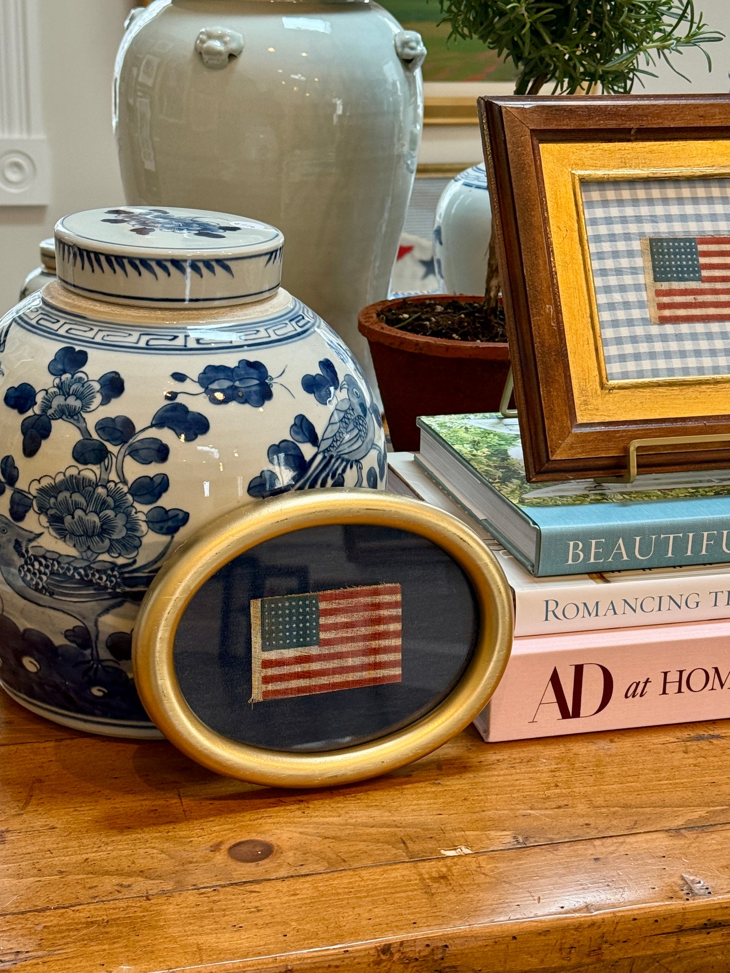 Antique 48 Star Parade Flag on Navy Canvas in Gilded Oval Frame