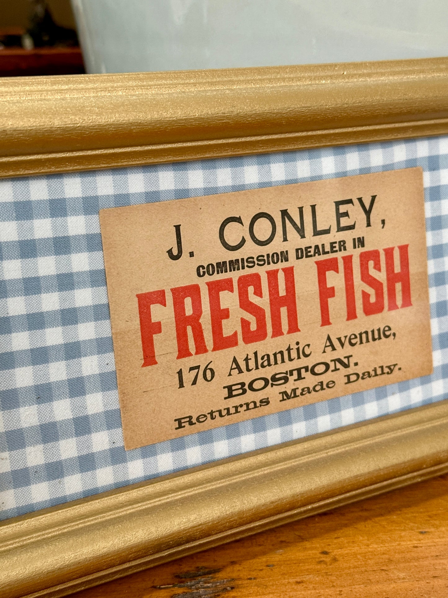 Fresh Fish Old Boston Fishmonger's Tag on Light Blue Gingham in Gold Frame